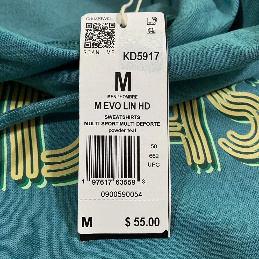 Adidas 3D Retro 70s Striped Logo Hoodie Mens Medium Powder Teal Disco Groovy NWT